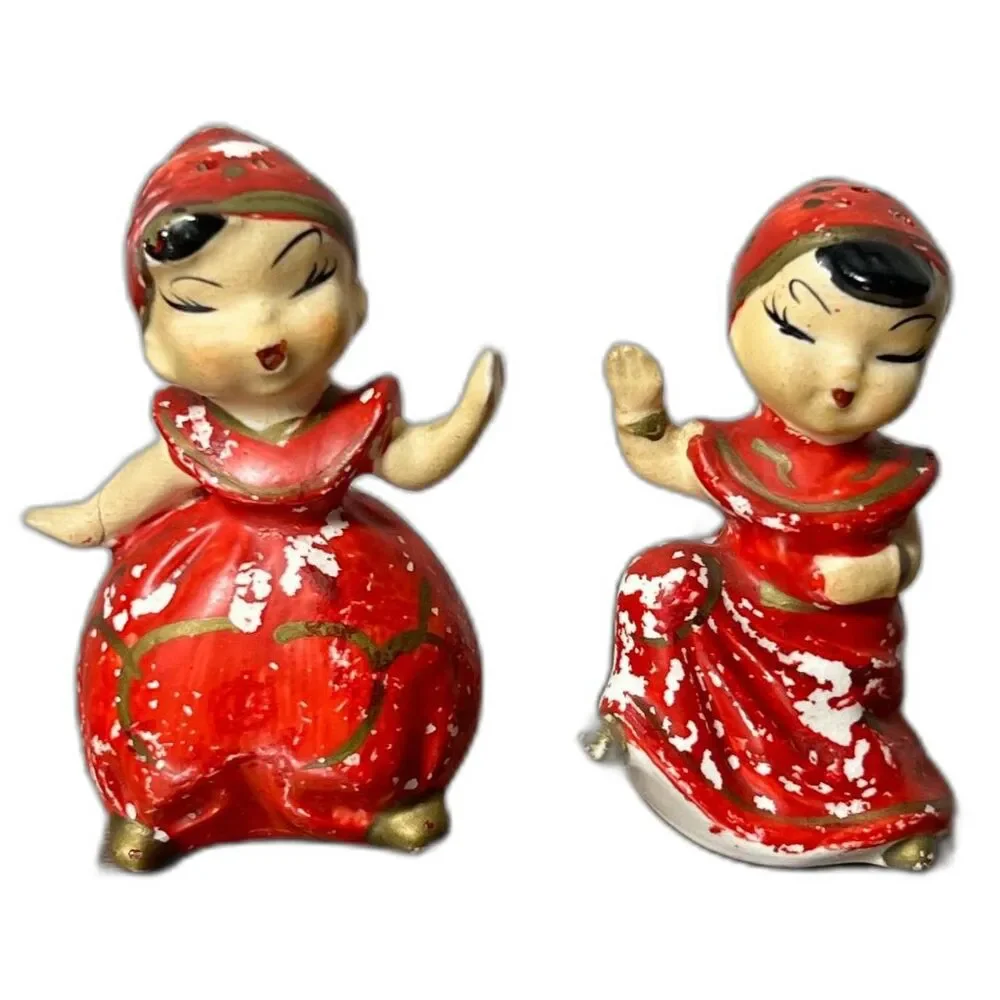 Vintage 1950s Japan Red Girl Figurines Salt Pepper Shakers Hand Painted w/ Corks